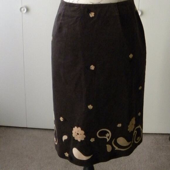 Grace Elements Brown Corduroy Pencil Skirt Beige Floral Accents Women size 10 - Picture 6 of 6
